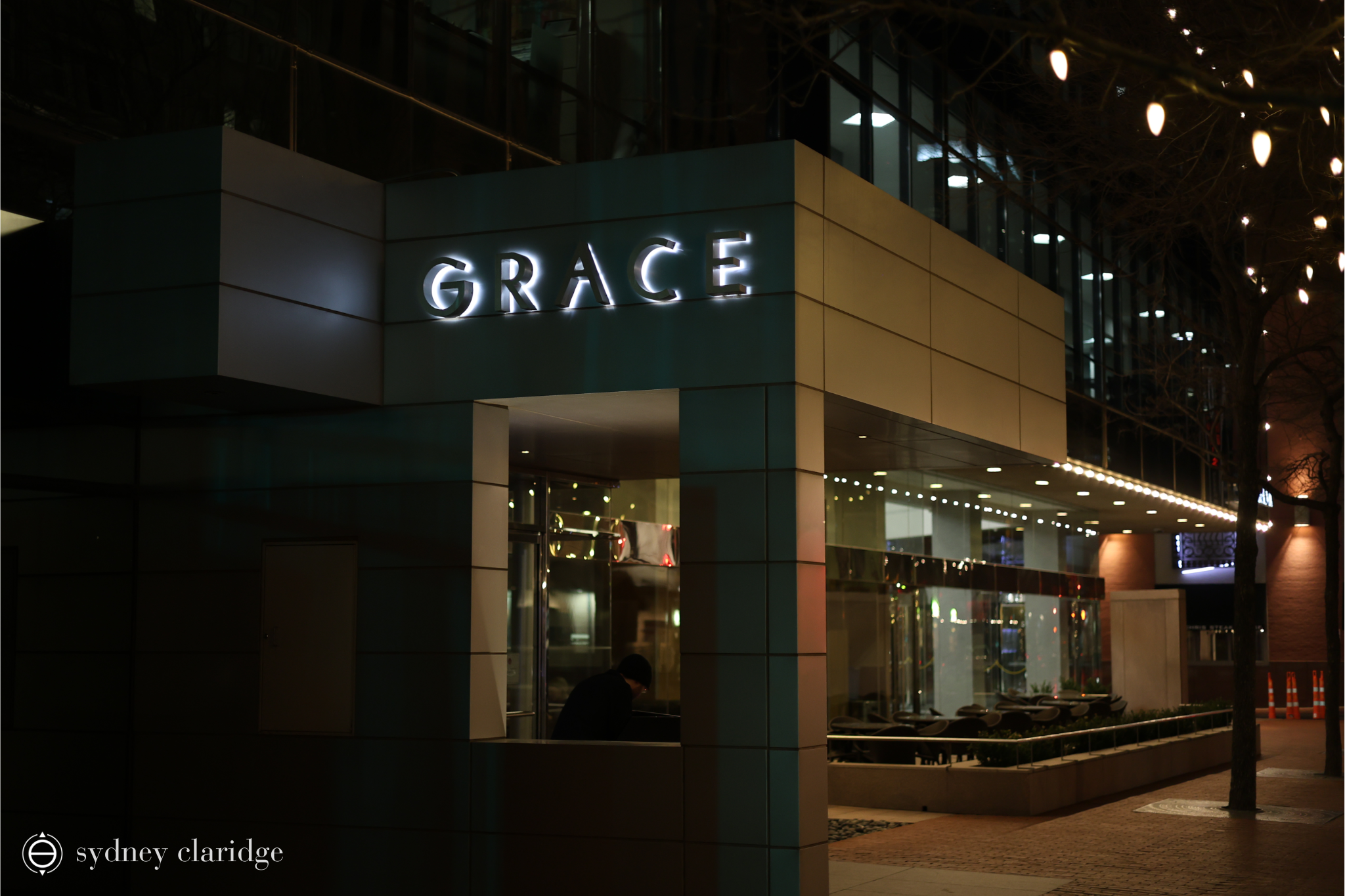 Grace restaurant in downtown Fort Worth, pictured at night.