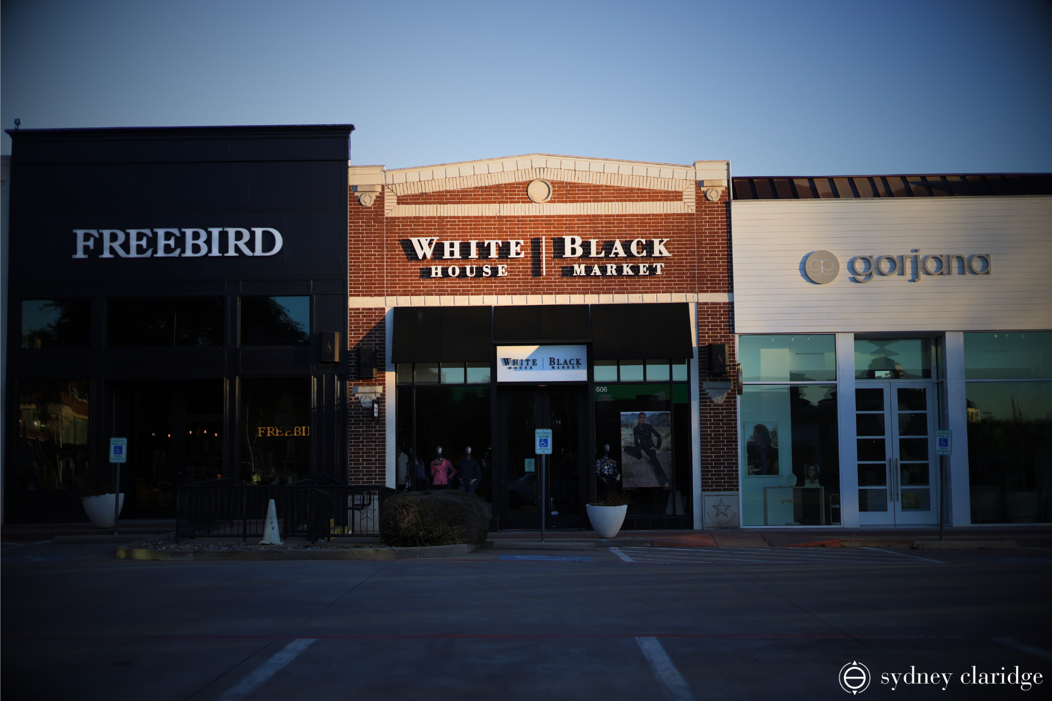 Three retail stores are seen behind a parking lot. The clothing store in the middle is Sydney's favorite, White House Black Market!